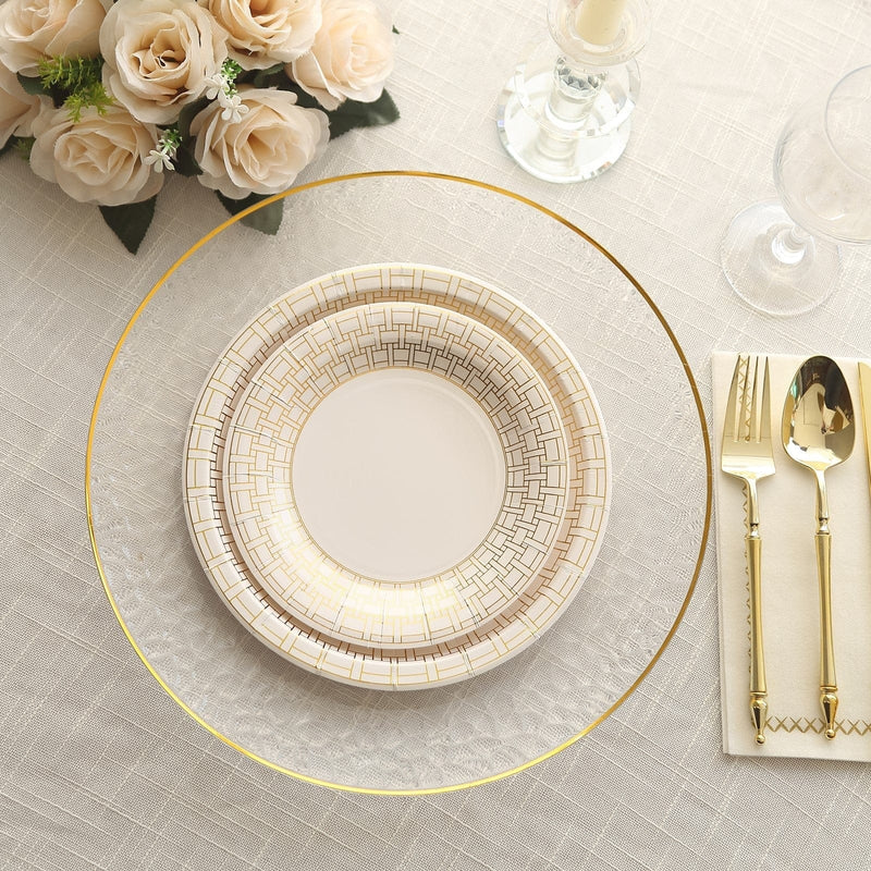 25 Dinner Paper Plates with Gold Basketweave Pattern Rim