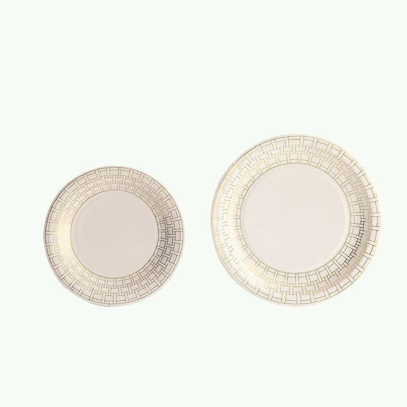 25 Dinner Paper Plates with Gold Basketweave Pattern Rim
