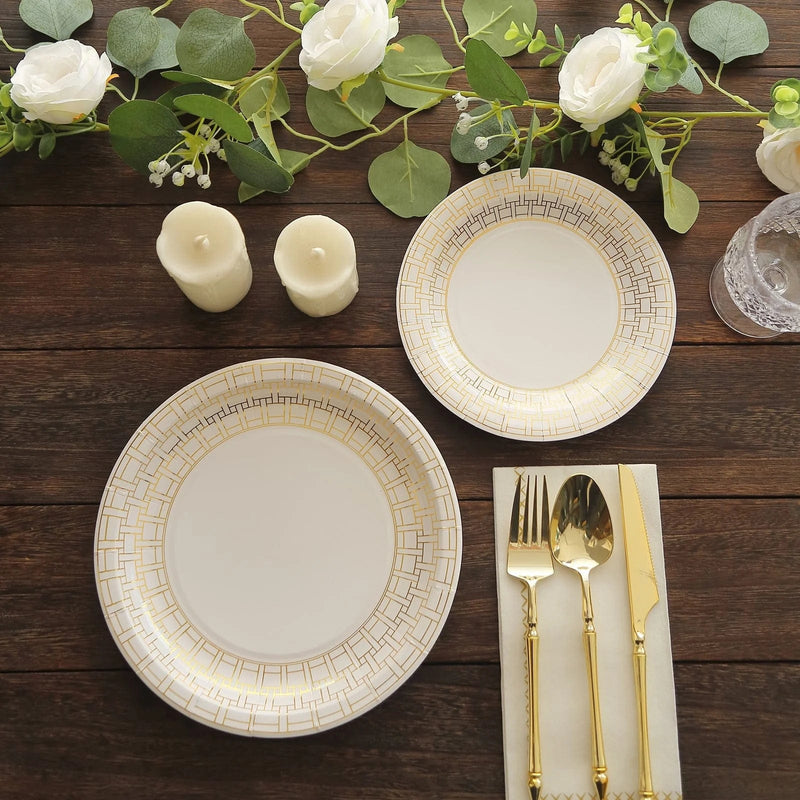 25 Dinner Paper Plates with Gold Basketweave Pattern Rim