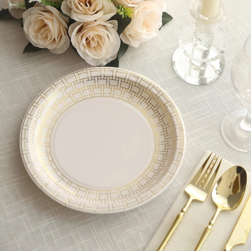 25 Dinner Paper Plates with Gold Basketweave Pattern Rim