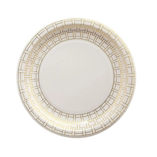 25 Dinner Paper Plates with Gold Basketweave Pattern Rim DSP_PPR0028_7_WHGD
