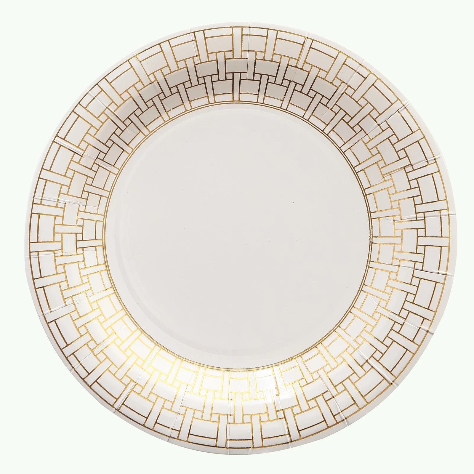 25 Dinner Paper Plates with Gold Basketweave Pattern Rim DSP_PPR0028_9_WHGD