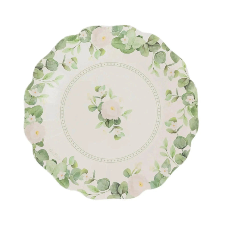 25 Floral Greenery Dessert Paper Plates with Scalloped Edge - White Green DSP_PPR0030_8_GRN