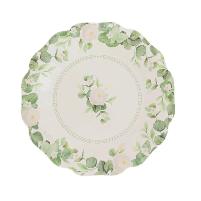 25 Floral Greenery Dessert Paper Plates with Scalloped Edge - White Green DSP_PPR0030_8_GRN