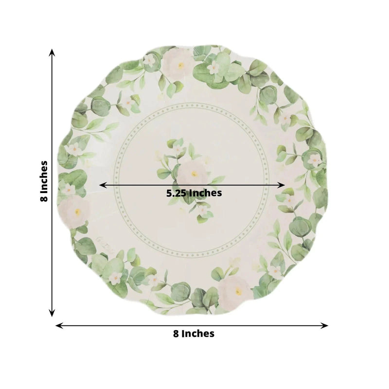 25 Floral Greenery Dessert Paper Plates with Scalloped Edge - White Green DSP_PPR0030_8_GRN
