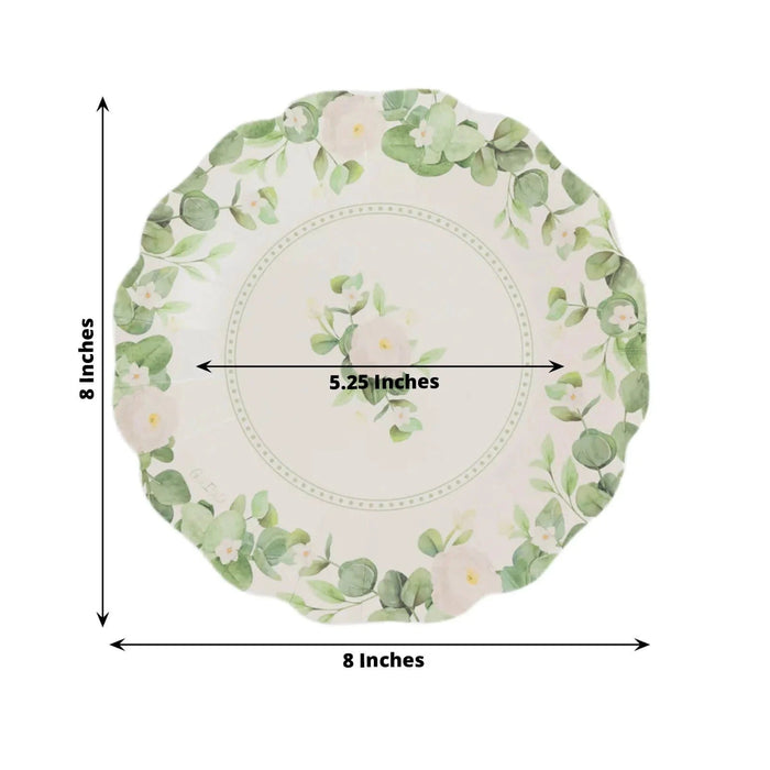 25 Floral Greenery Dessert Paper Plates with Scalloped Edge - White Green DSP_PPR0030_8_GRN