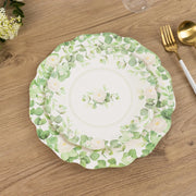 25 Floral Greenery Dessert Paper Plates with Scalloped Edge - White Green DSP_PPR0030_8_GRN