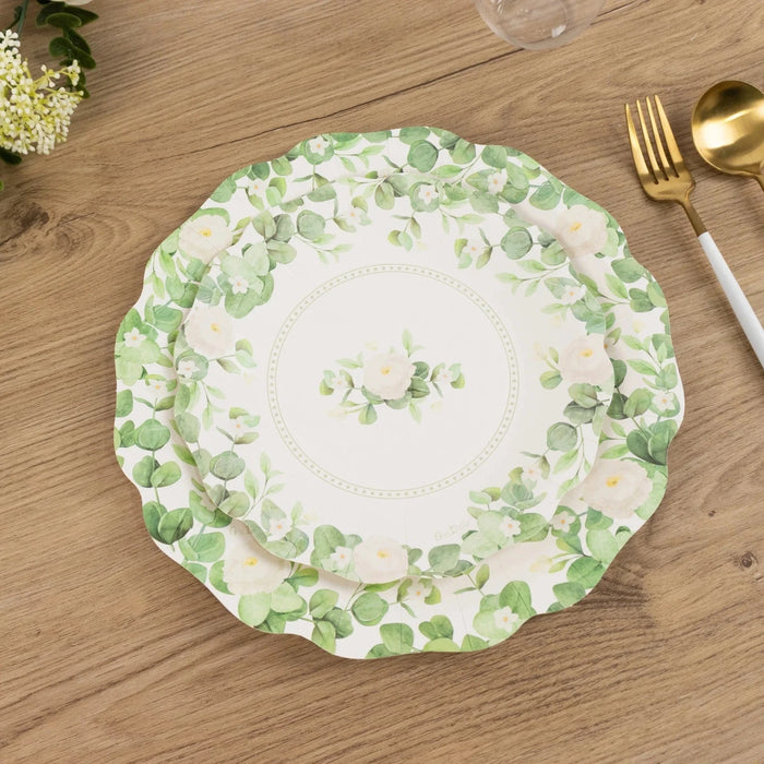 25 Floral Greenery Dessert Paper Plates with Scalloped Edge - White Green DSP_PPR0030_8_GRN
