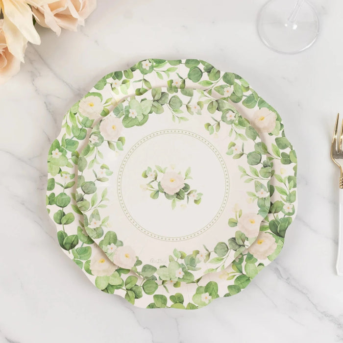 25 Floral Greenery Dessert Paper Plates with Scalloped Edge - White Green DSP_PPR0030_8_GRN