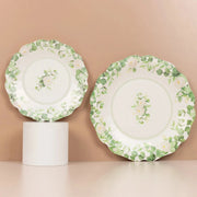 25 Floral Greenery Dessert Paper Plates with Scalloped Edge - White Green DSP_PPR0030_8_GRN