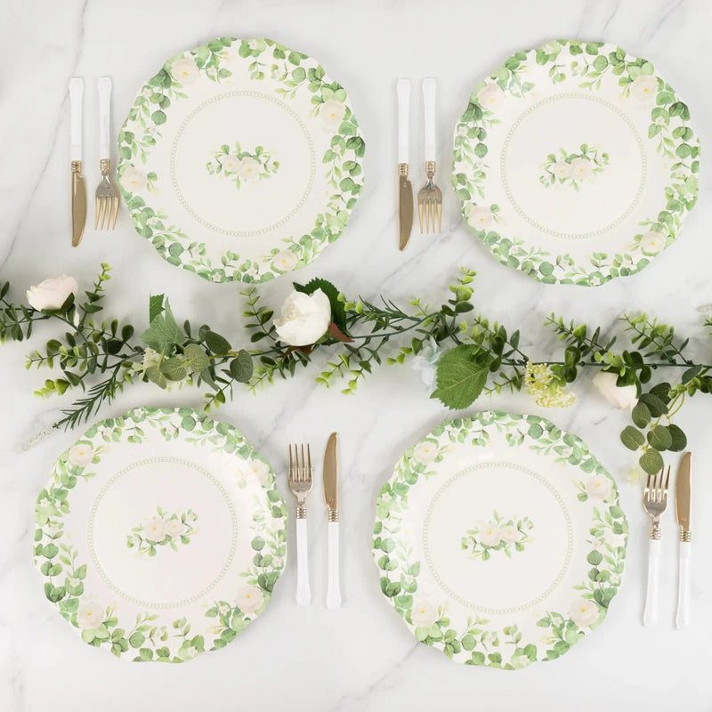 25 Floral Greenery Dessert Paper Plates with Scalloped Edge - White Green DSP_PPR0030_8_GRN