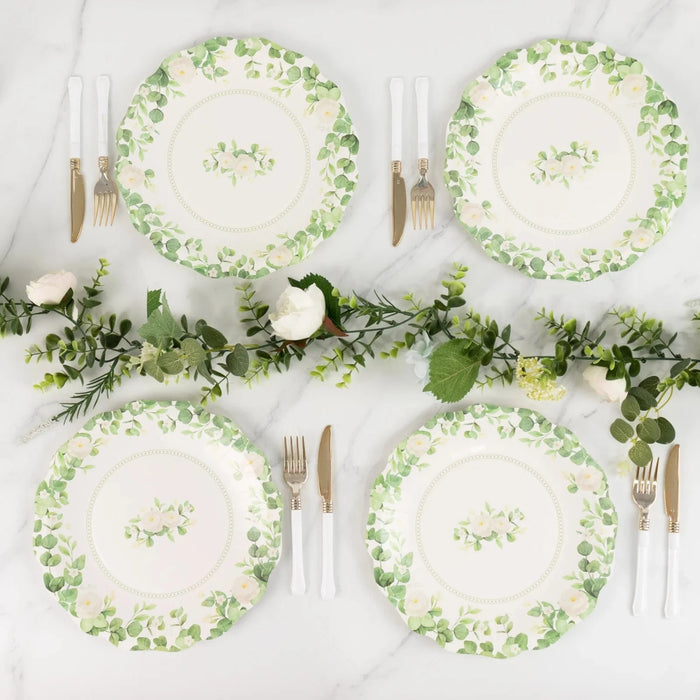 25 Floral Greenery Dessert Paper Plates with Scalloped Edge - White Green DSP_PPR0030_8_GRN