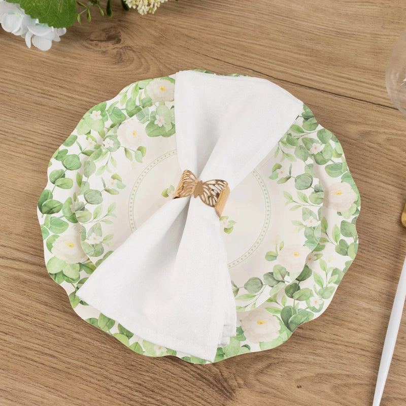 25 Floral Greenery Dessert Paper Plates with Scalloped Edge - White Green DSP_PPR0030_8_GRN