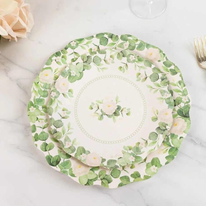 25 Floral Greenery Dessert Paper Plates with Scalloped Edge - White Green DSP_PPR0030_8_GRN