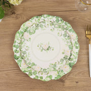 25 Floral Greenery Dessert Paper Plates with Scalloped Edge - White Green DSP_PPR0030_8_GRN