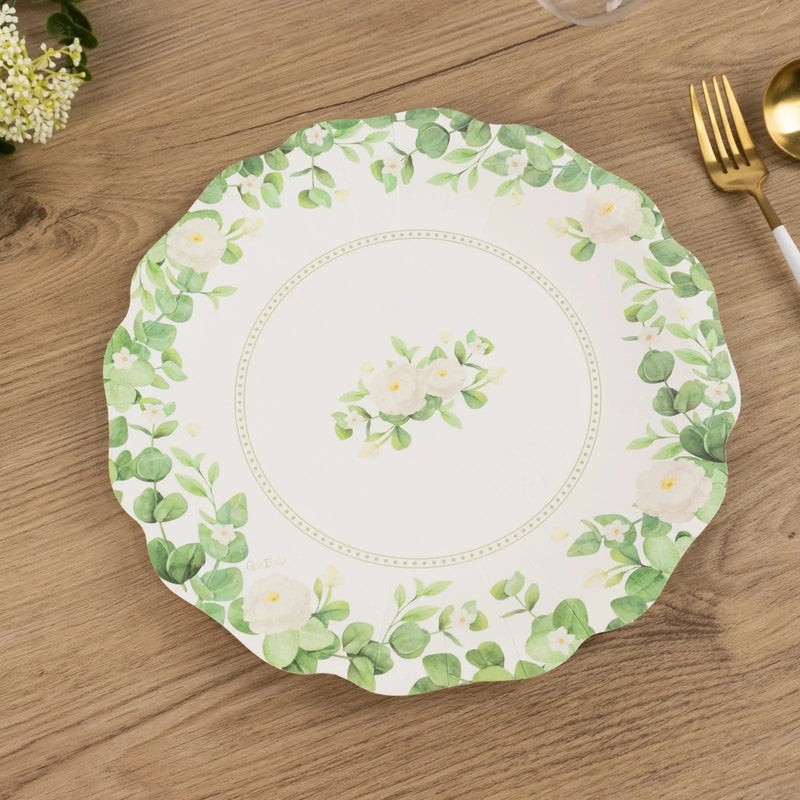 25 Floral Greenery Dessert Paper Plates with Scalloped Edge - White Green DSP_PPR0030_8_GRN