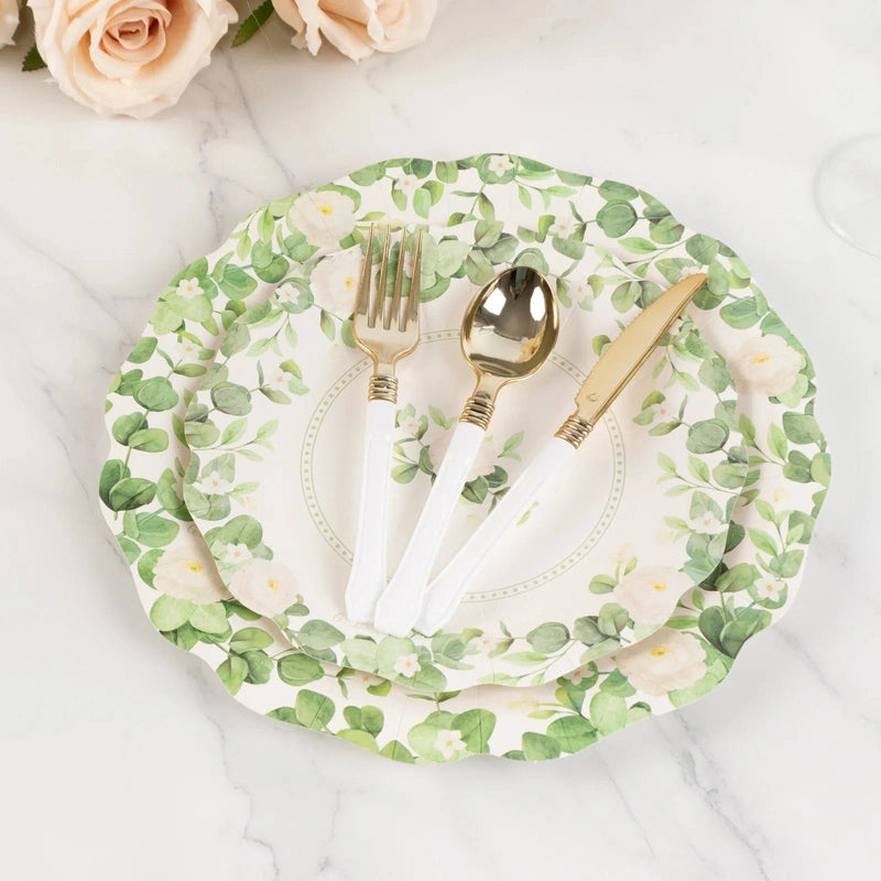 25 Floral Greenery Dessert Paper Plates with Scalloped Edge - White Green DSP_PPR0030_8_GRN