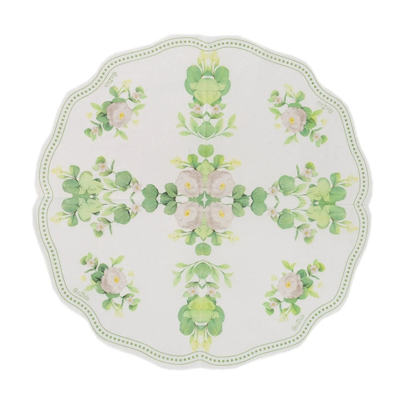 25 Floral Greenery Round Paper Napkins with Scalloped Edge - White Green NAP_BEV30_GRN
