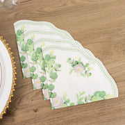 25 Floral Greenery Round Paper Napkins with Scalloped Edge - White Green NAP_BEV30_GRN