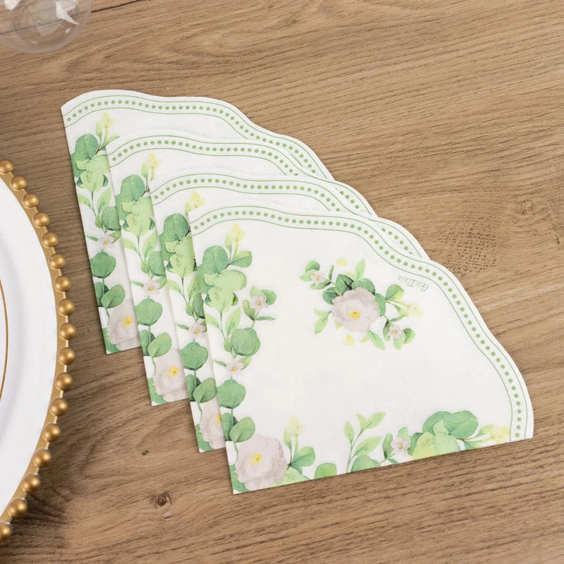 25 Floral Greenery Round Paper Napkins with Scalloped Edge - White Green NAP_BEV30_GRN