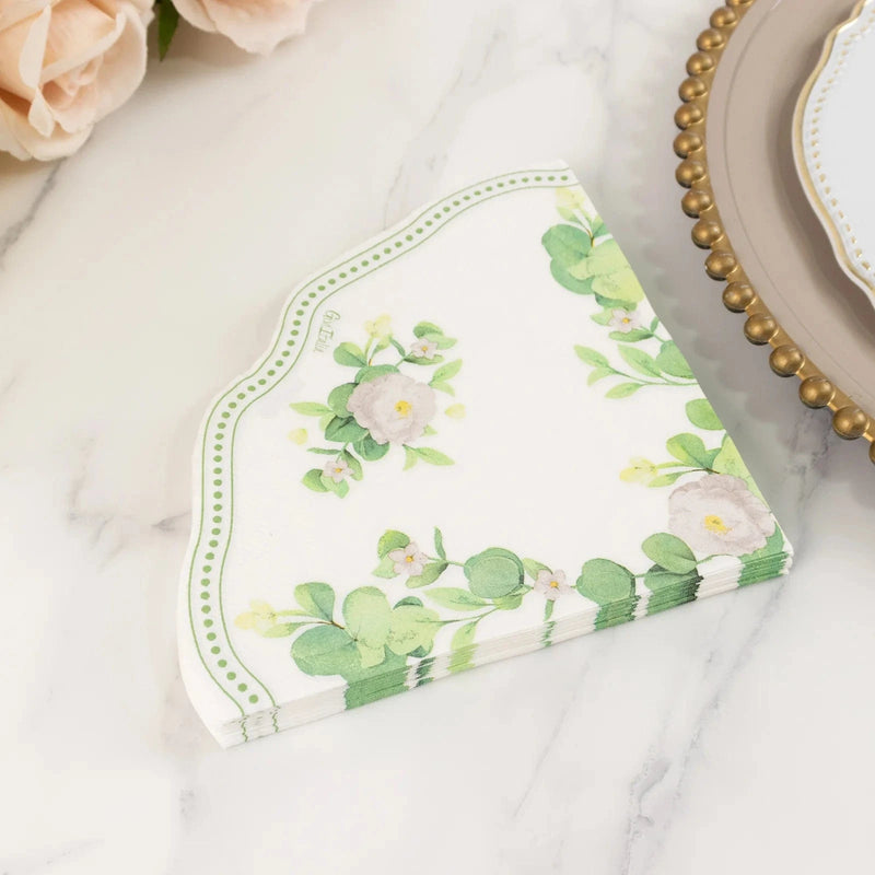 25 Floral Greenery Round Paper Napkins with Scalloped Edge - White Green NAP_BEV30_GRN