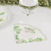 25 Floral Greenery Round Paper Napkins with Scalloped Edge - White Green NAP_BEV30_GRN