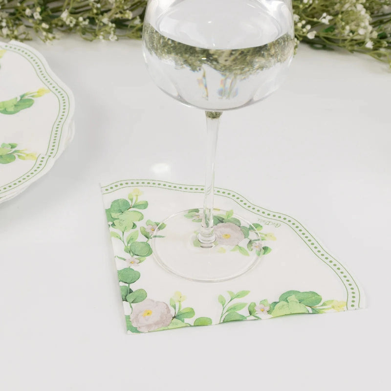25 Floral Greenery Round Paper Napkins with Scalloped Edge - White Green NAP_BEV30_GRN