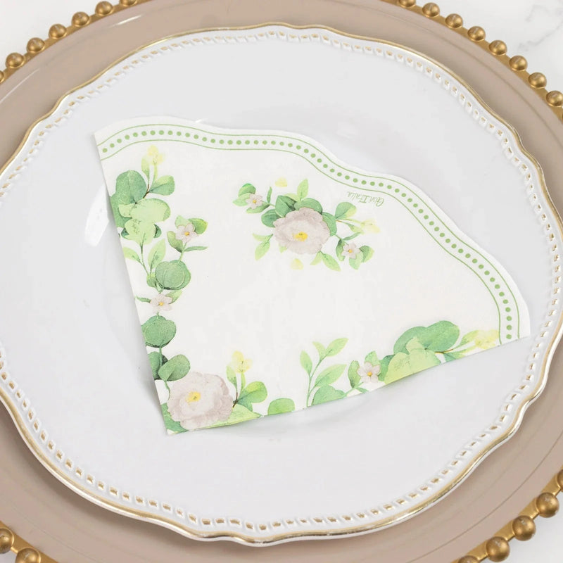 25 Floral Greenery Round Paper Napkins with Scalloped Edge - White Green NAP_BEV30_GRN