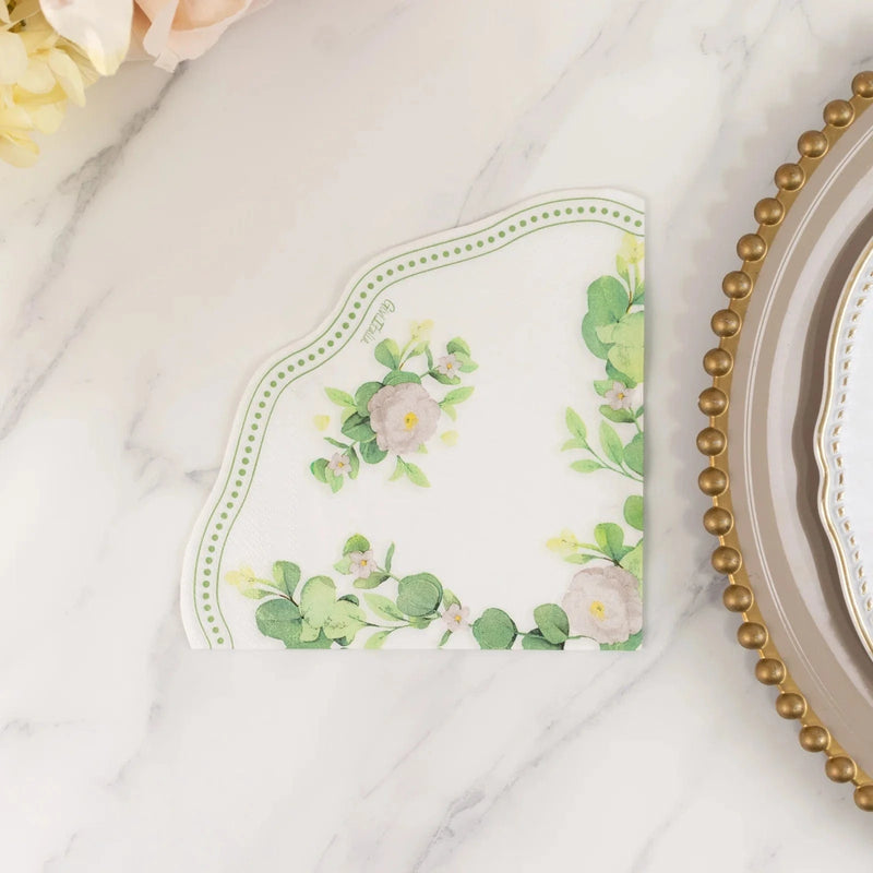 25 Floral Greenery Round Paper Napkins with Scalloped Edge - White Green NAP_BEV30_GRN