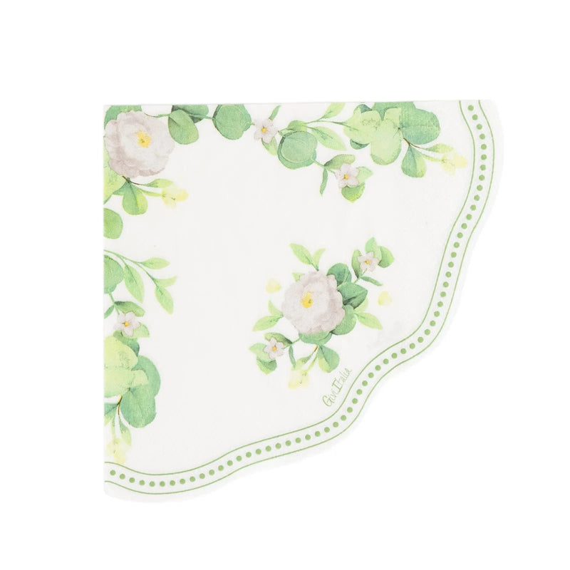 25 Floral Greenery Round Paper Napkins with Scalloped Edge - White Green NAP_BEV30_GRN
