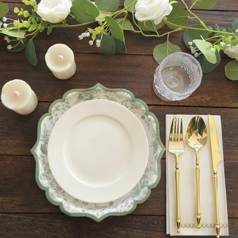 25 Floral Leaf Print Paper Plates with Scalloped Rims - White Sage Green DSP_PPR0022_10_SAGE