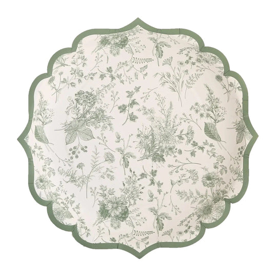 25 Floral Leaf Print Paper Plates with Scalloped Rims - White Sage Green DSP_PPR0022_10_SAGE