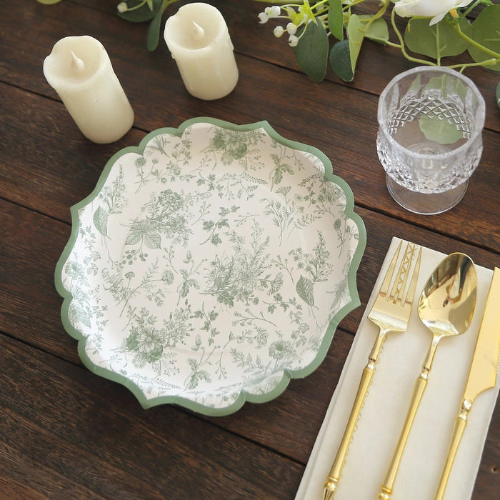 25 Floral Leaf Print Paper Plates with Scalloped Rims - White Sage Green DSP_PPR0022_10_SAGE