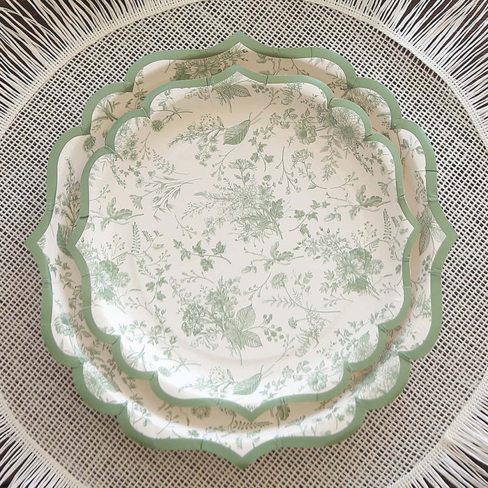 25 Floral Leaf Print Paper Plates with Scalloped Rims - White Sage Green DSP_PPR0022_10_SAGE