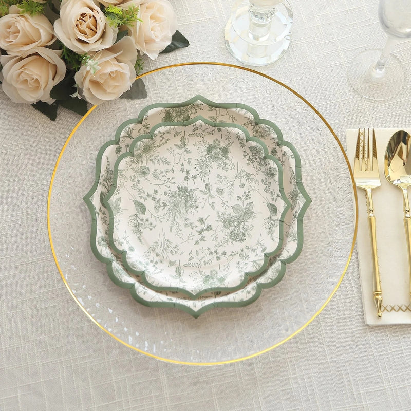 25 Floral Leaf Print Paper Plates with Scalloped Rims - White Sage Green DSP_PPR0022_10_SAGE