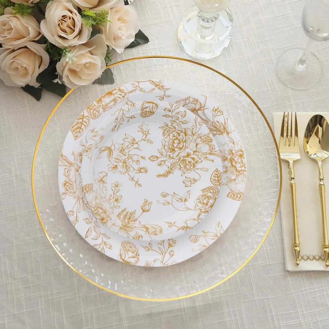 25 French Toile Floral Paper Salad Dinner Plates - Disposable Tableware