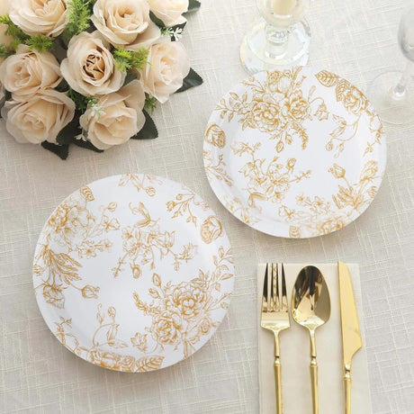 25 French Toile Floral Paper Salad Dinner Plates - Disposable Tableware