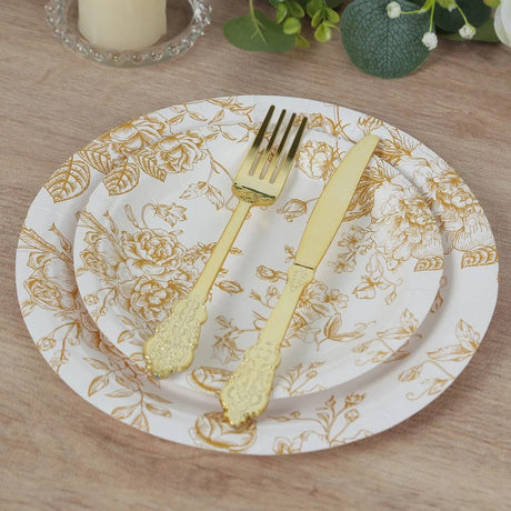 25 French Toile Floral Paper Salad Dinner Plates - Disposable Tableware