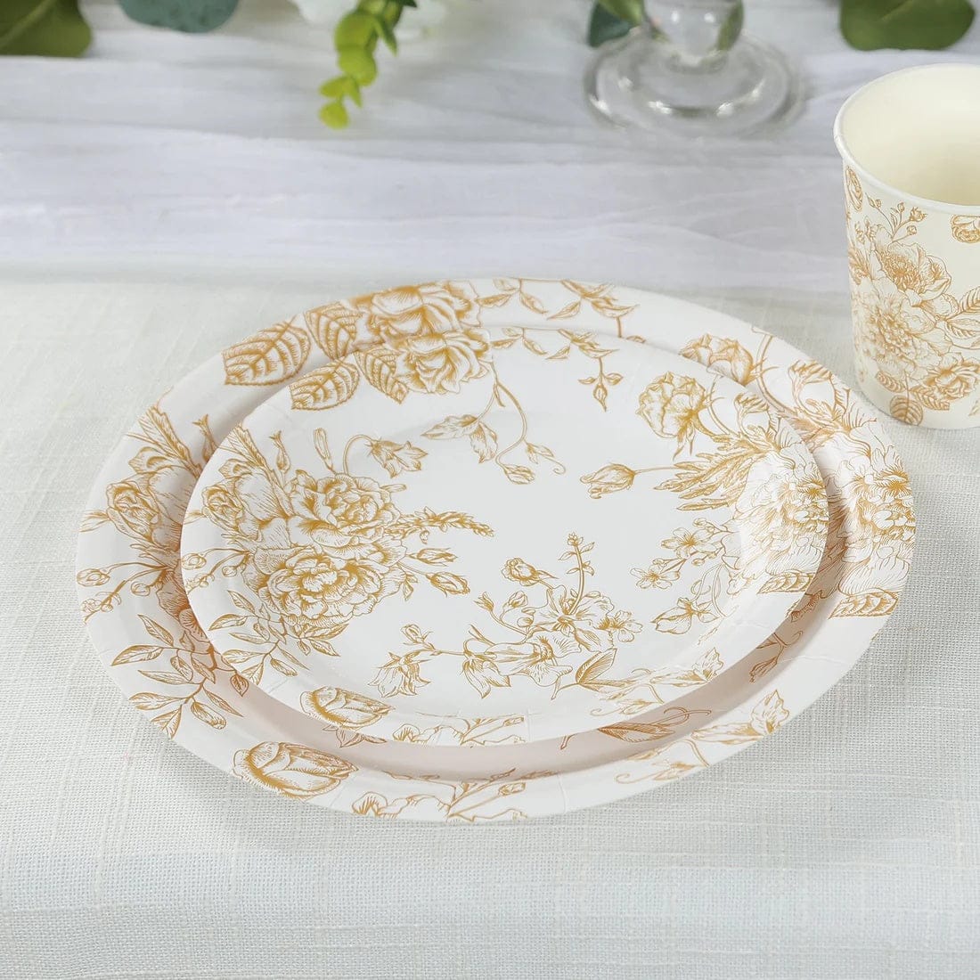 25 French Toile Floral Paper Salad Dinner Plates - Disposable Tableware
