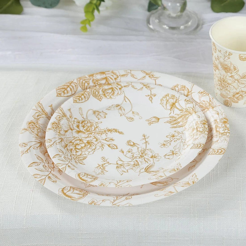 25 French Toile Floral Paper Salad Dinner Plates - Disposable Tableware