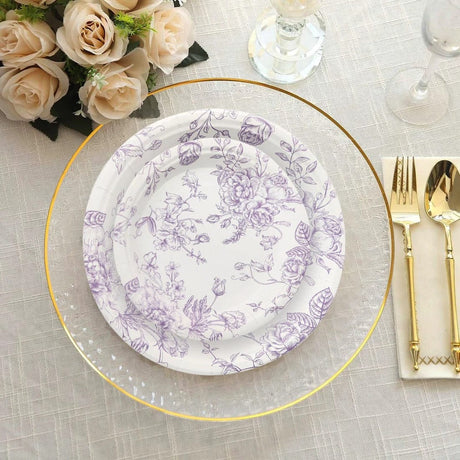 25 French Toile Floral Paper Salad Dinner Plates - Disposable Tableware