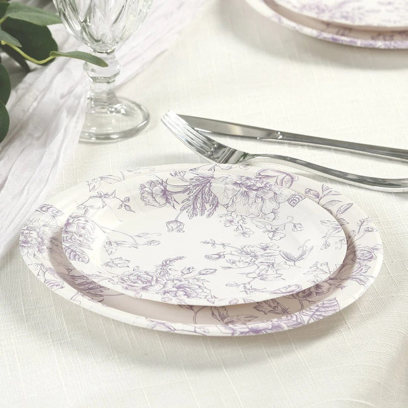 25 French Toile Floral Paper Salad Dinner Plates - Disposable Tableware