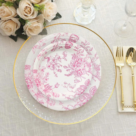25 French Toile Floral Paper Salad Dinner Plates - Disposable Tableware