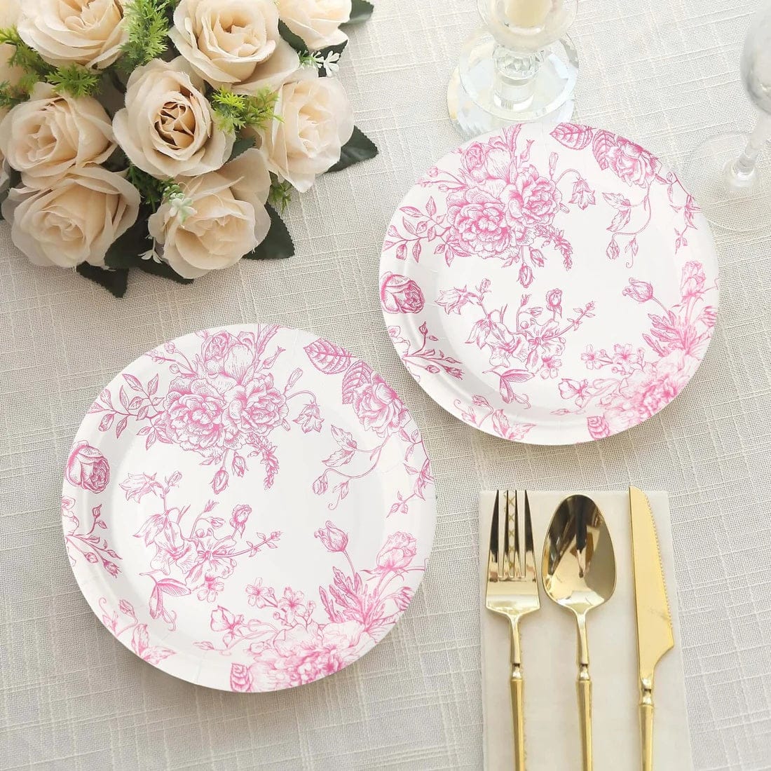 25 French Toile Floral Paper Salad Dinner Plates - Disposable Tableware