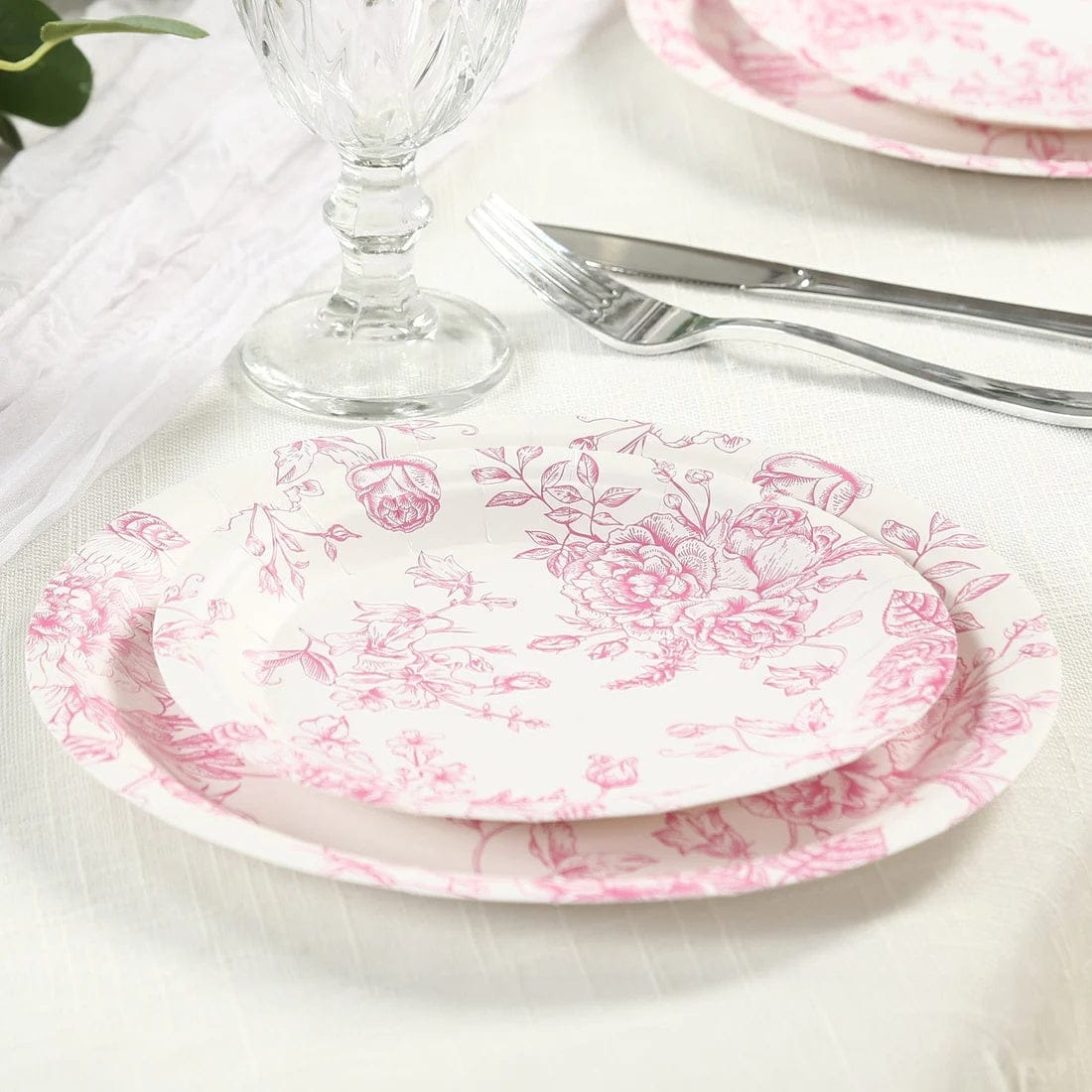 25 French Toile Floral Paper Salad Dinner Plates - Disposable Tableware