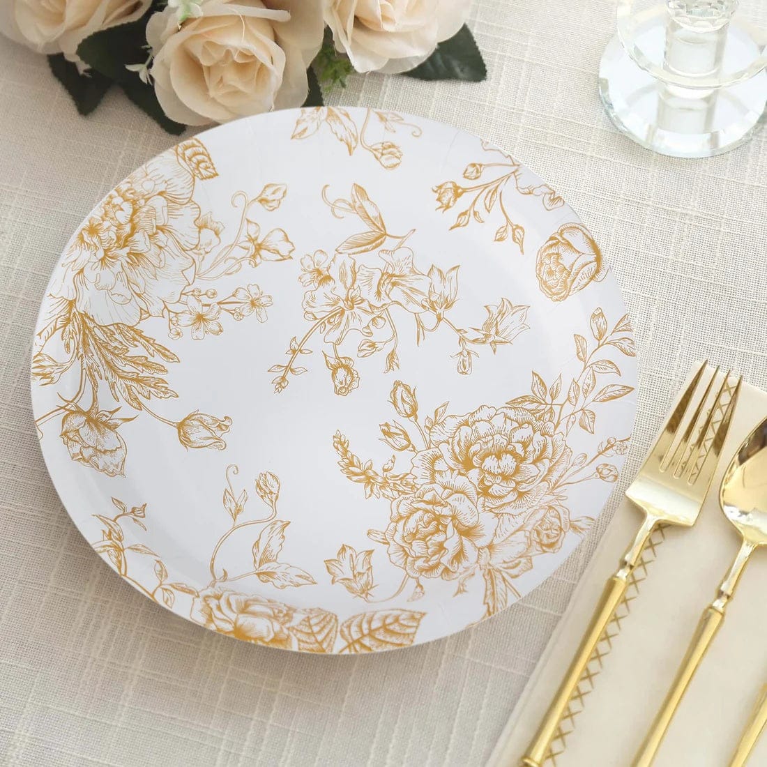 25 French Toile Floral Paper Salad Dinner Plates - Disposable Tableware