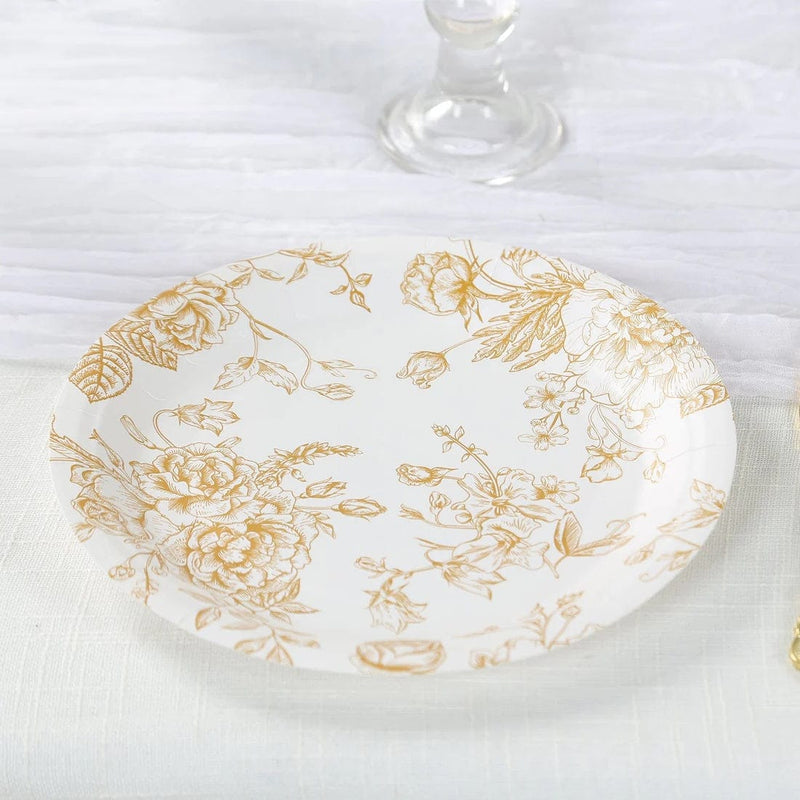 25 French Toile Floral Paper Salad Dinner Plates - Disposable Tableware
