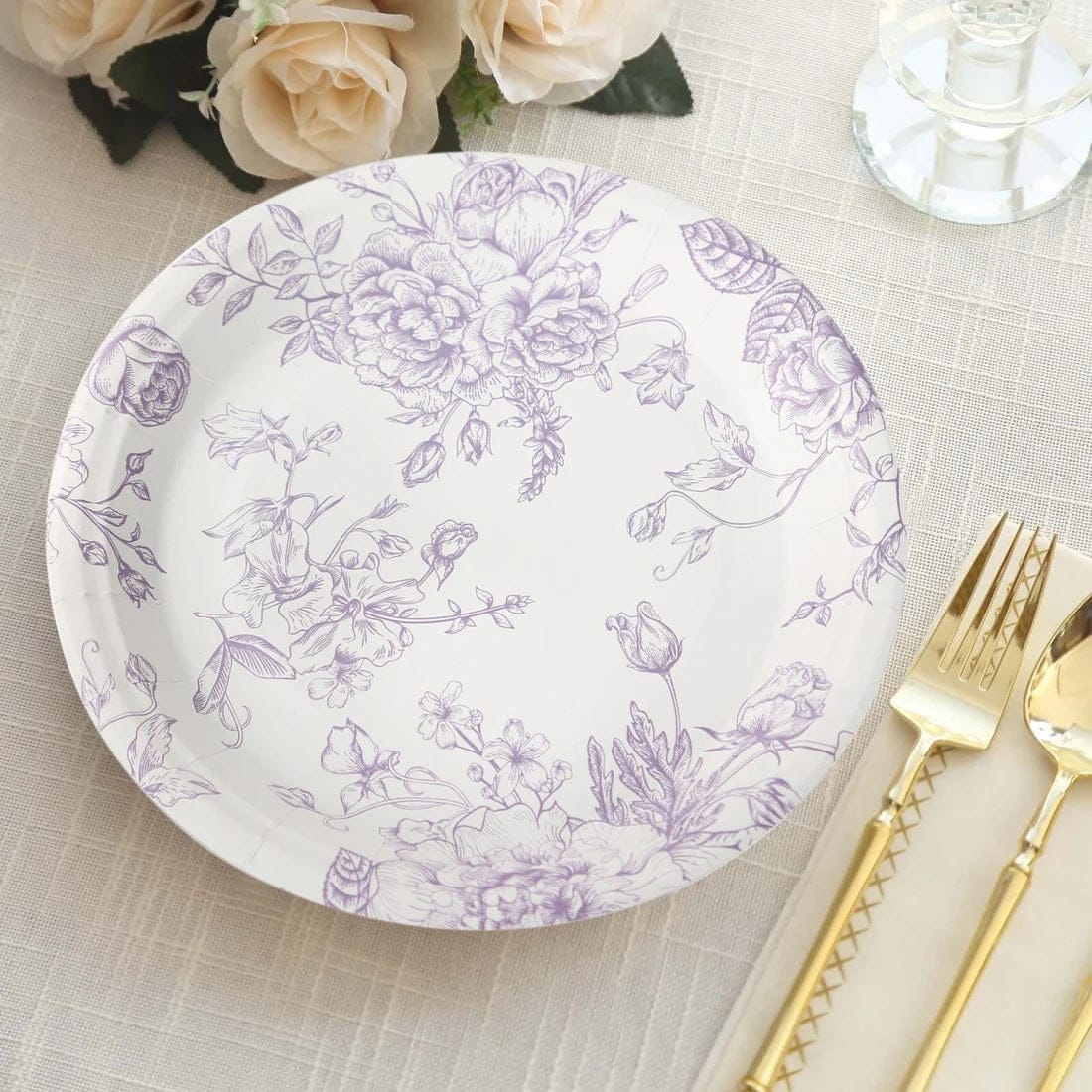 25 French Toile Floral Paper Salad Dinner Plates - Disposable Tableware
