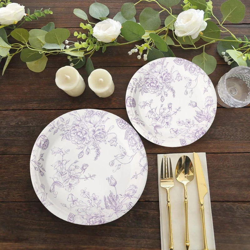 25 French Toile Floral Paper Salad Dinner Plates - Disposable Tableware