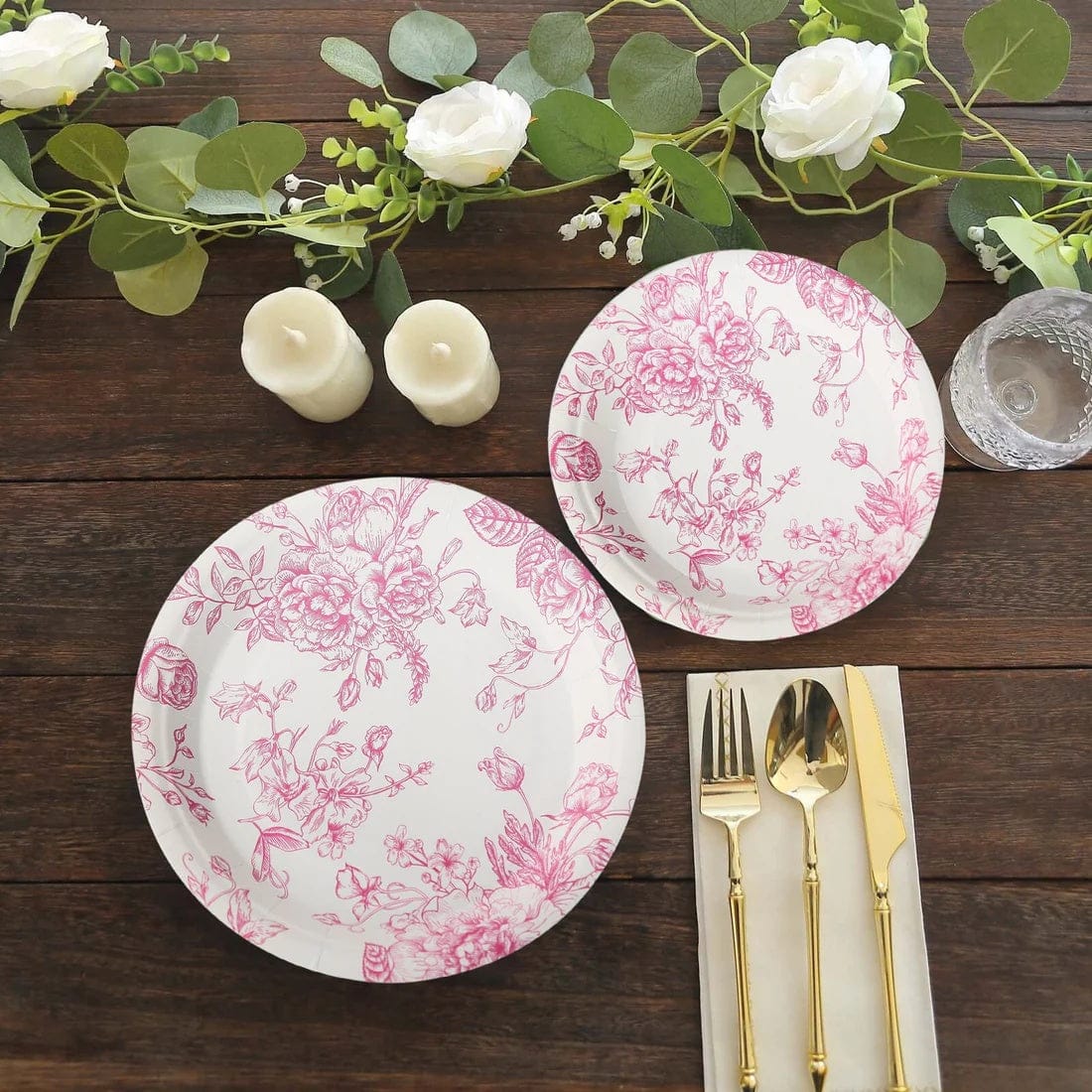25 French Toile Floral Paper Salad Dinner Plates - Disposable Tableware